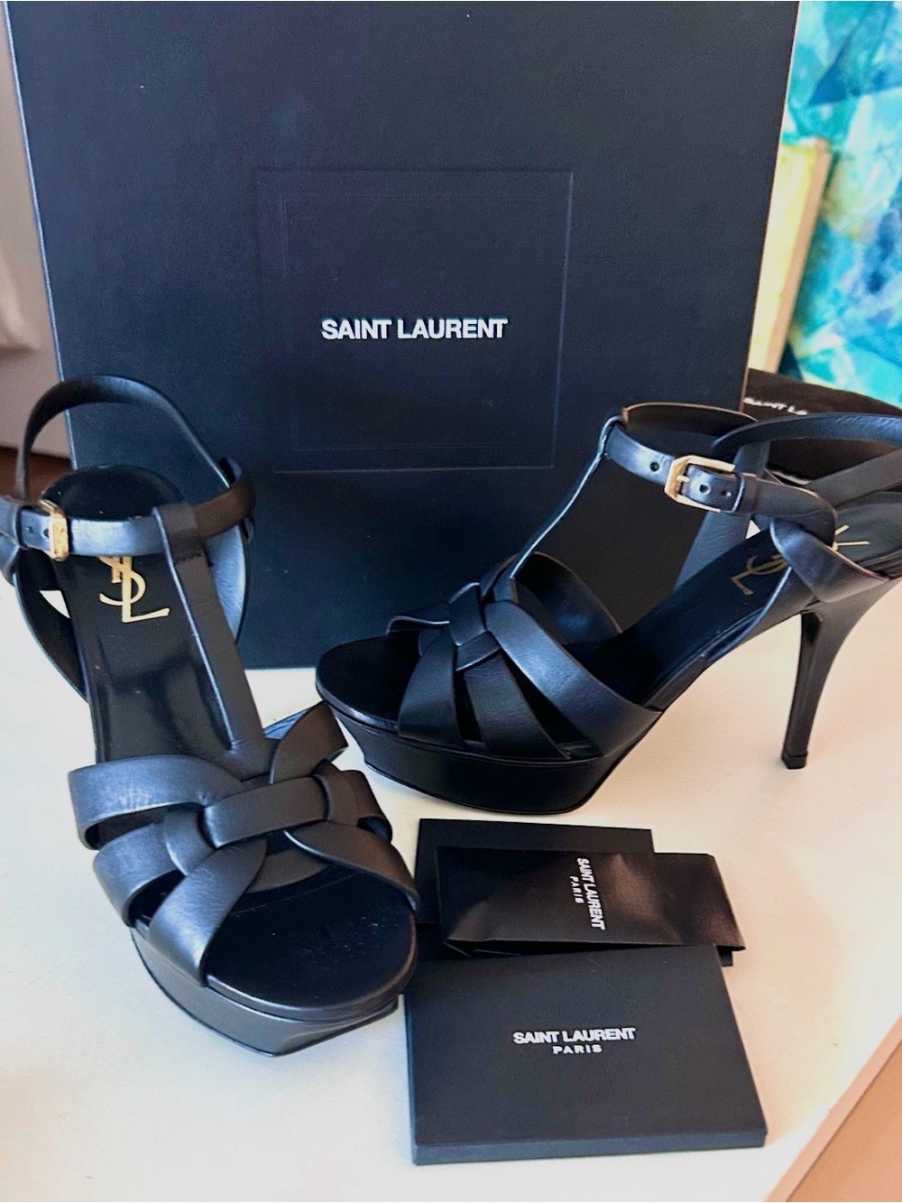 Like NEW Saint Laurent Tribute Black Leather Platform Sandals 37